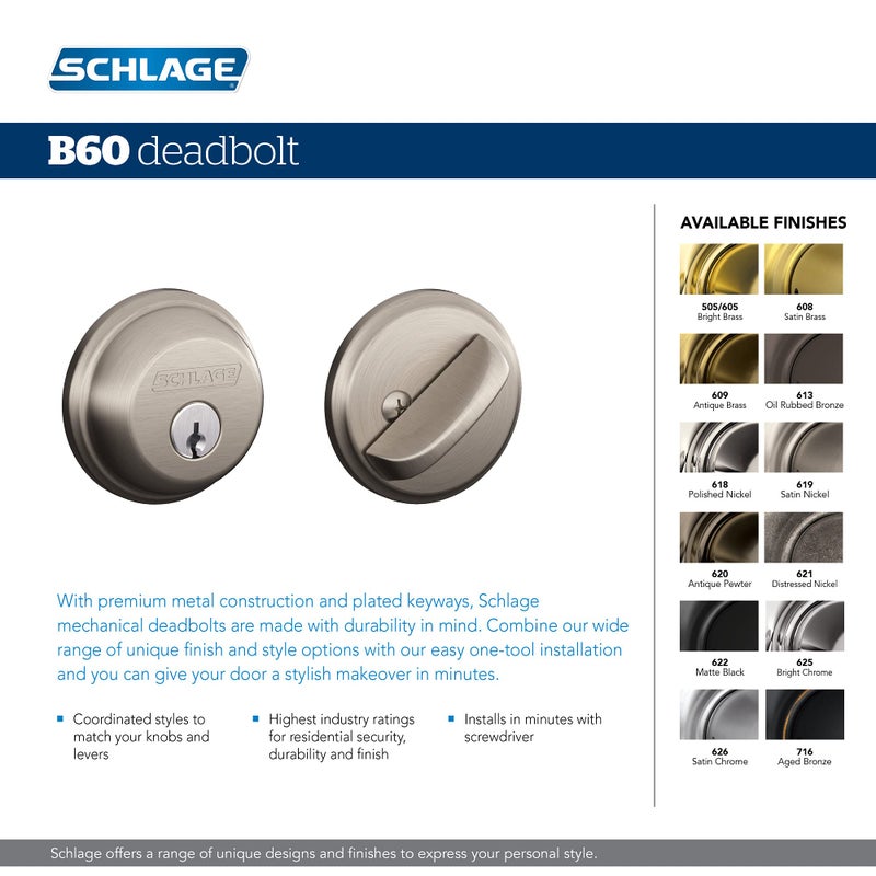 Schlage B60 N 619 Deadbolt, Keyed 1 Side, Highest Residential Security, Satin Nickel - Image 3