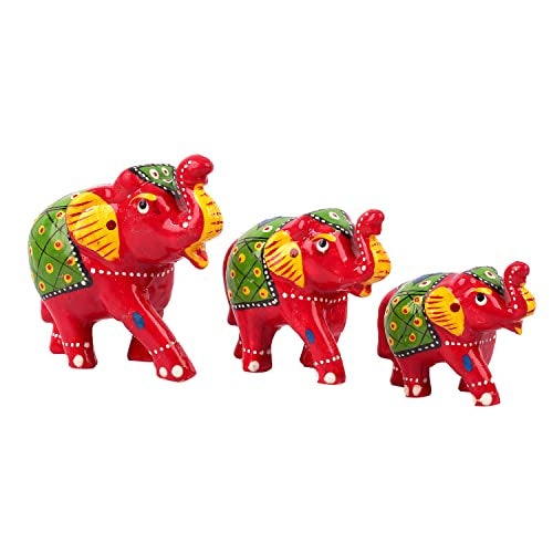 DreamKraft Paper Mache Elephant Showpiece for Enhance Home Decor - Red (Set of 3) - Image 1