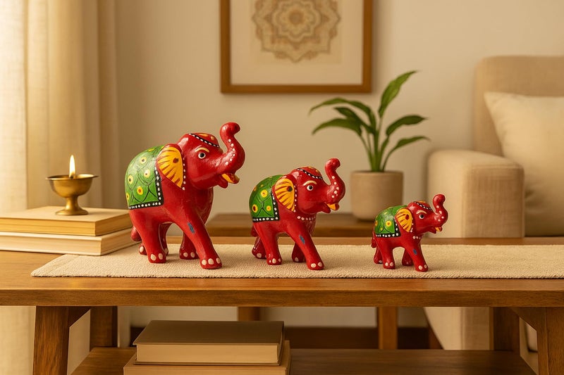 DreamKraft Paper Mache Elephant Showpiece for Enhance Home Decor - Red (Set of 3) - Image 3