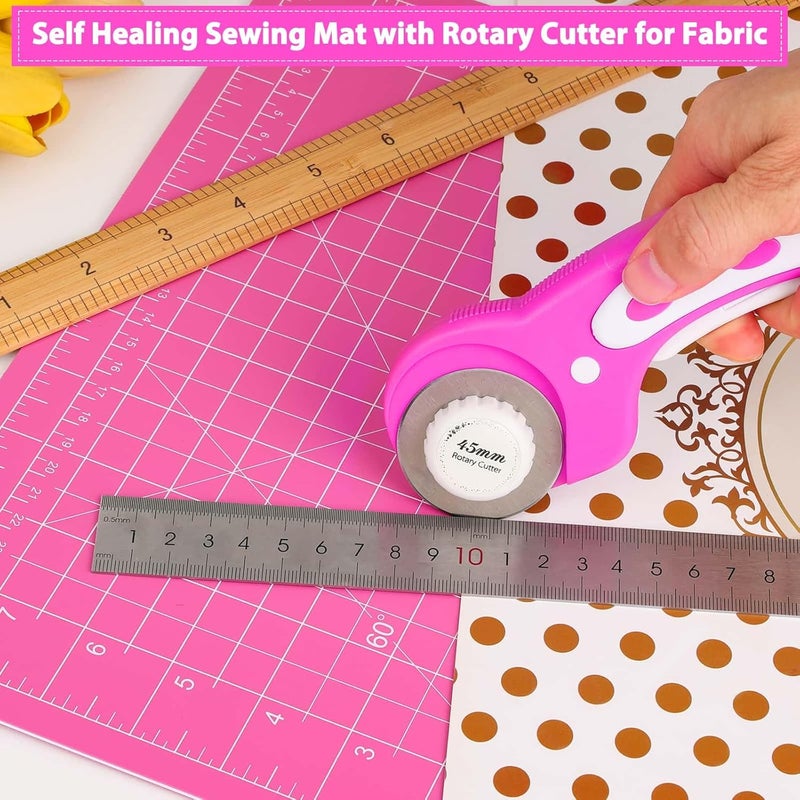 Audab Rotary Cutter and Mat Set, Self Healing Sewing Mats Shirt Cutter 45mm Fabric Cutter Wheel with 2 Blades Rotary Cutting Mat for Crafts Fabric Quilting Hobby (9" x 12" (A4) - Image 2