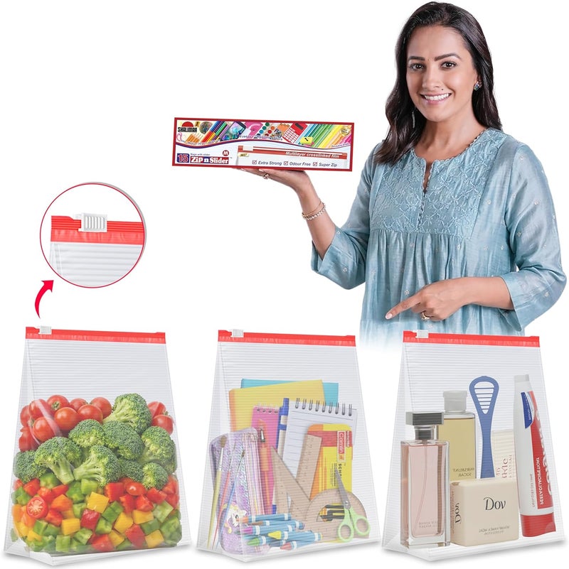 شاليمار أكياس SHALIMAR Zip 'N' Lock القابلة لإعادة الاستخدام مع سحاب منزلق، مقاس M، 15 كيسًا، لون طبيعي، بلاستيك، سحاب منزلق، تخزين متعدد الأغراض، آمنة للتجميد، قائمة بذاتها، قابلة للغسل - Image 2
