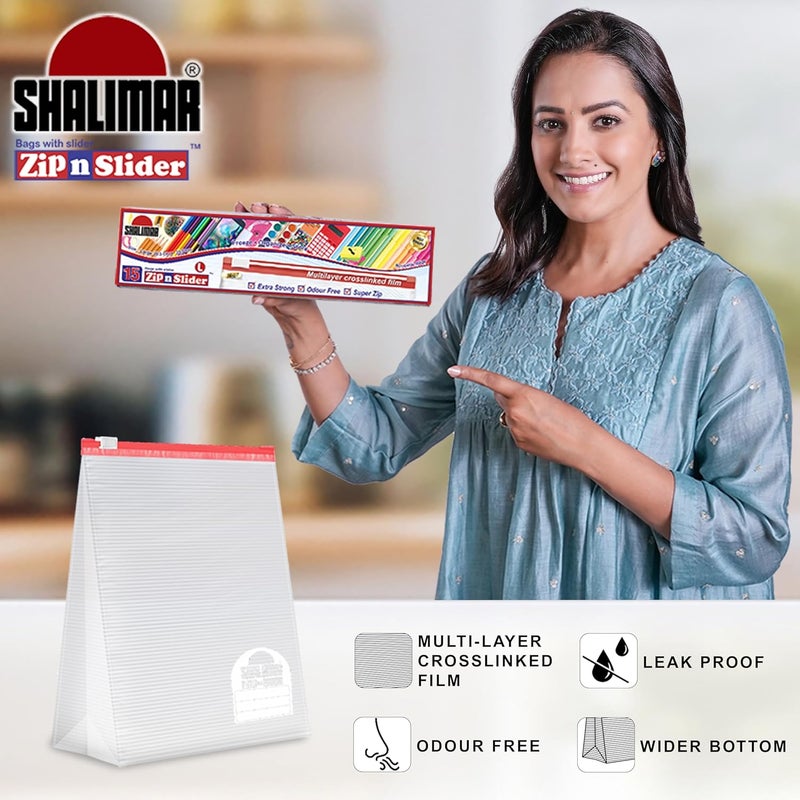 شاليمار أكياس SHALIMAR Zip 'N' Lock القابلة لإعادة الاستخدام مع سحاب منزلق، مقاس M، 15 كيسًا، لون طبيعي، بلاستيك، سحاب منزلق، تخزين متعدد الأغراض، آمنة للتجميد، قائمة بذاتها، قابلة للغسل - Image 3