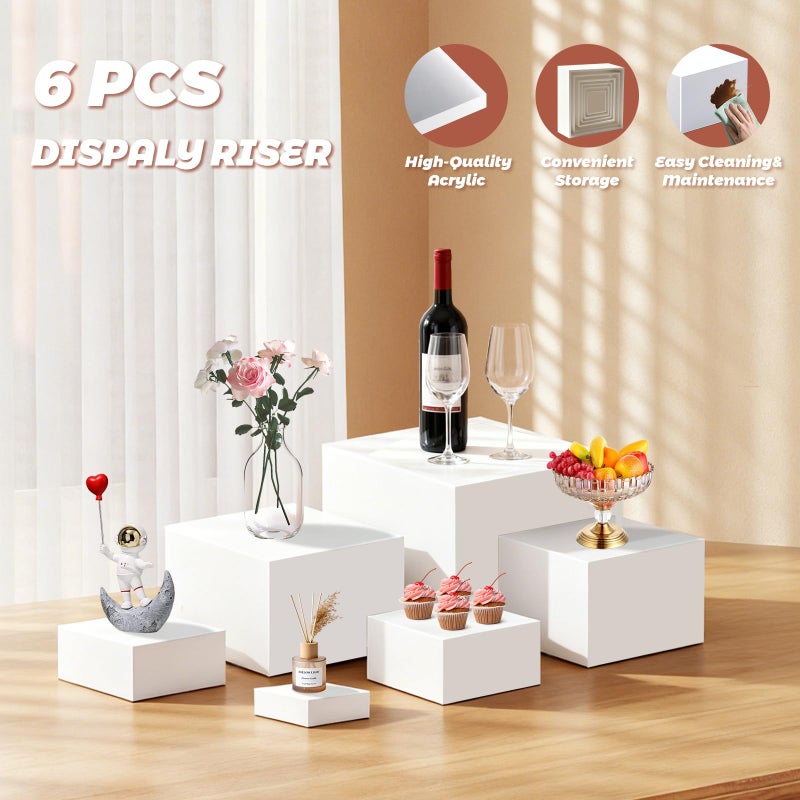 SOCAENS 6Pcs Buffet Risers with Mini Sign and Maker, Acrylic Food Risers for Buffet Table, White Food Display Stands for Party, Collectibles Jewelry Display Stand, Acrylic Boxes Nesting Risers(10",9",8",7",6",5") - Image 4