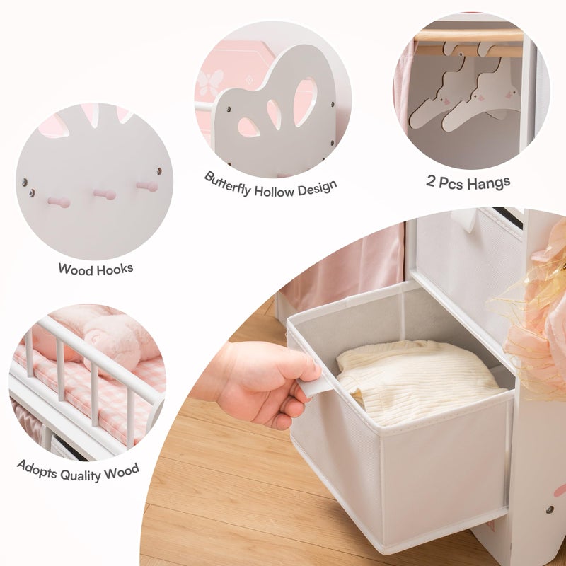 ROBUD Baby Doll Crib, Wooden Doll Bed with Storage and Bedding, of Toy Baby Crib to Kids, Pink Baby Doll Beds Suit for Dolls Under 22 Inches - Image 3