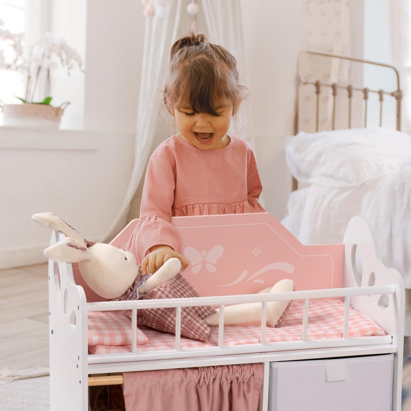 ROBUD Baby Doll Crib, Wooden Doll Bed with Storage and Bedding, of Toy Baby Crib to Kids, Pink Baby Doll Beds Suit for Dolls Under 22 Inches - Image 2