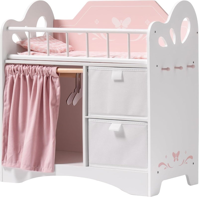 ROBUD Baby Doll Crib, Wooden Doll Bed with Storage and Bedding, of Toy Baby Crib to Kids, Pink Baby Doll Beds Suit for Dolls Under 22 Inches - Image 1