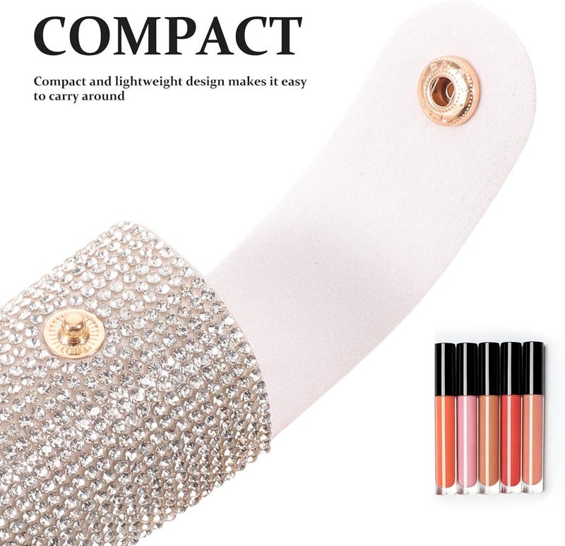 Lipstick Keychain Holder: Rhinestone Lip Gloss Holder with Mirror - Small Lipstick Pouch for Purse and Bag - Mini Travel Makeup Organizer, Mother's Day, White - Image 3
