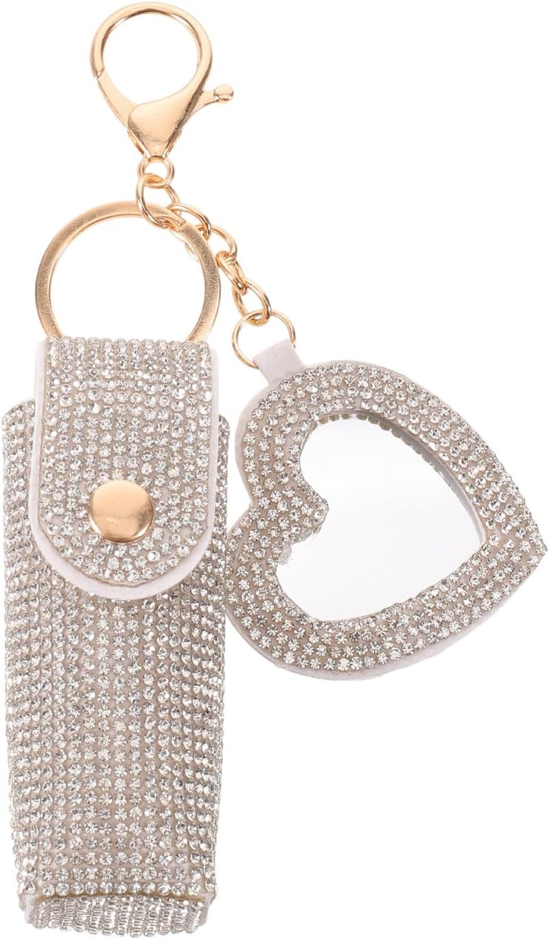 Lipstick Keychain Holder: Rhinestone Lip Gloss Holder with Mirror - Small Lipstick Pouch for Purse and Bag - Mini Travel Makeup Organizer, Mother's Day, White - Image 1