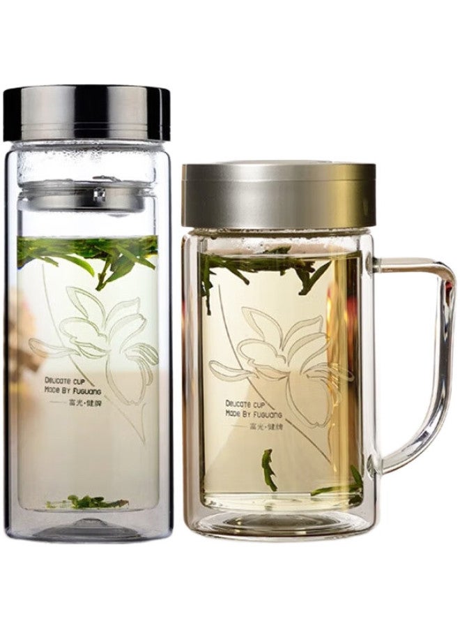 Tomimitsu Fuguang 320Ml+320Ml Double-Layer Multi-Purpose Tea Infuser Cup, Heat-Resistant Glass Cup With Handle Water Mug (Set Of 2) - Image 1