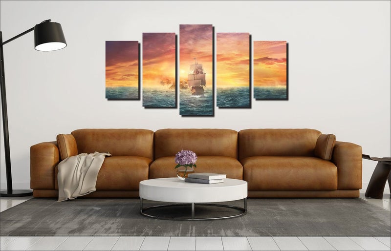 Mad Masters Ship in The Storms Painting (Canvas, 122 cm x 56 cm, Pack of 5) - Image 3