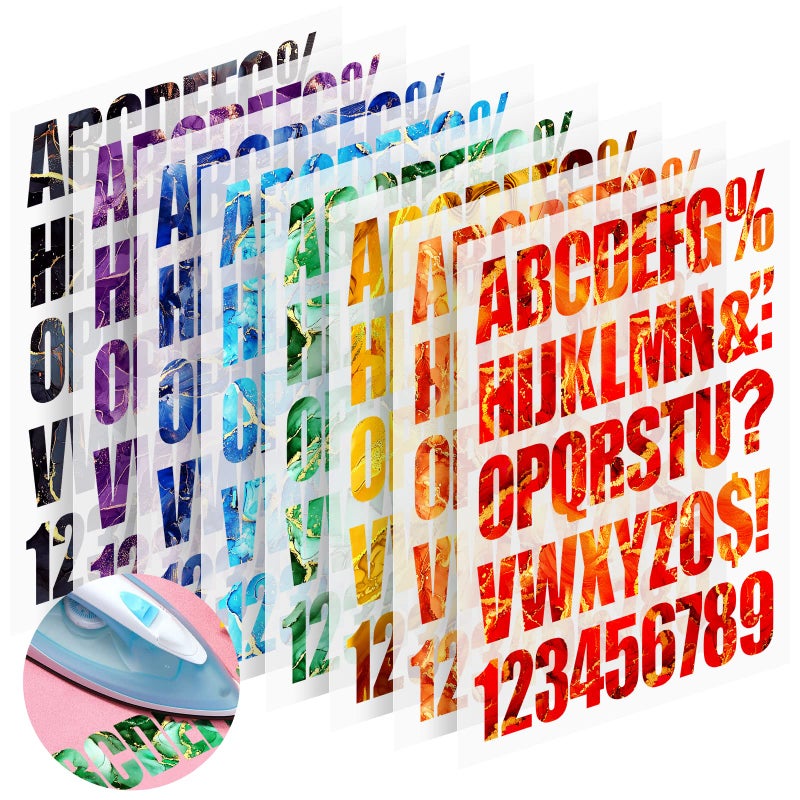 Cysincos Iron on Letters for Clothing Heat Transfer T Shirts Sticker Vinyl Letter Patches Iron on Decals Clothing Hat Pillow Backpack DIY Craft Supplies (Marbled) - Image 1