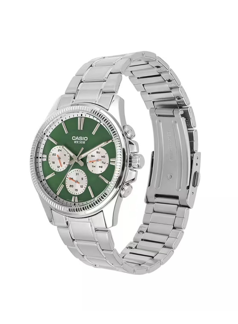 CASIO Mens Green Dial Silver Band Watch MTP-1375D-3AVDF - Image 2