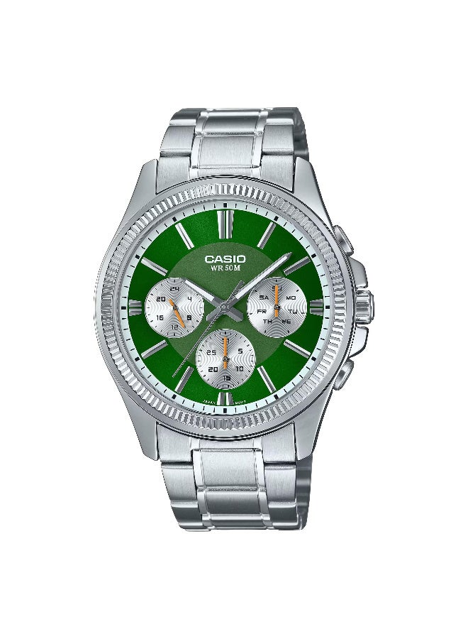 CASIO Mens Green Dial Silver Band Watch MTP-1375D-3AVDF - Image 1