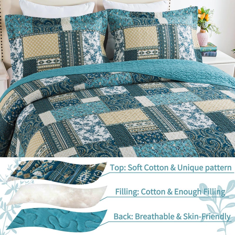 VAPUTAR Quilts King Size - Soft King Quilt Bedding Set with Floral Pattren - 3 Pieces Patchwork Cotton King Bedspreads Set for Farmhouse Bedroom (Dream Blue) - Image 3