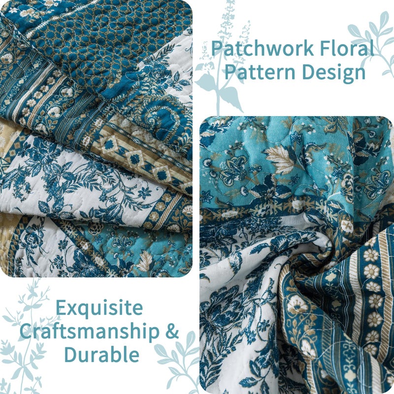 VAPUTAR Quilts King Size - Soft King Quilt Bedding Set with Floral Pattren - 3 Pieces Patchwork Cotton King Bedspreads Set for Farmhouse Bedroom (Dream Blue) - Image 4