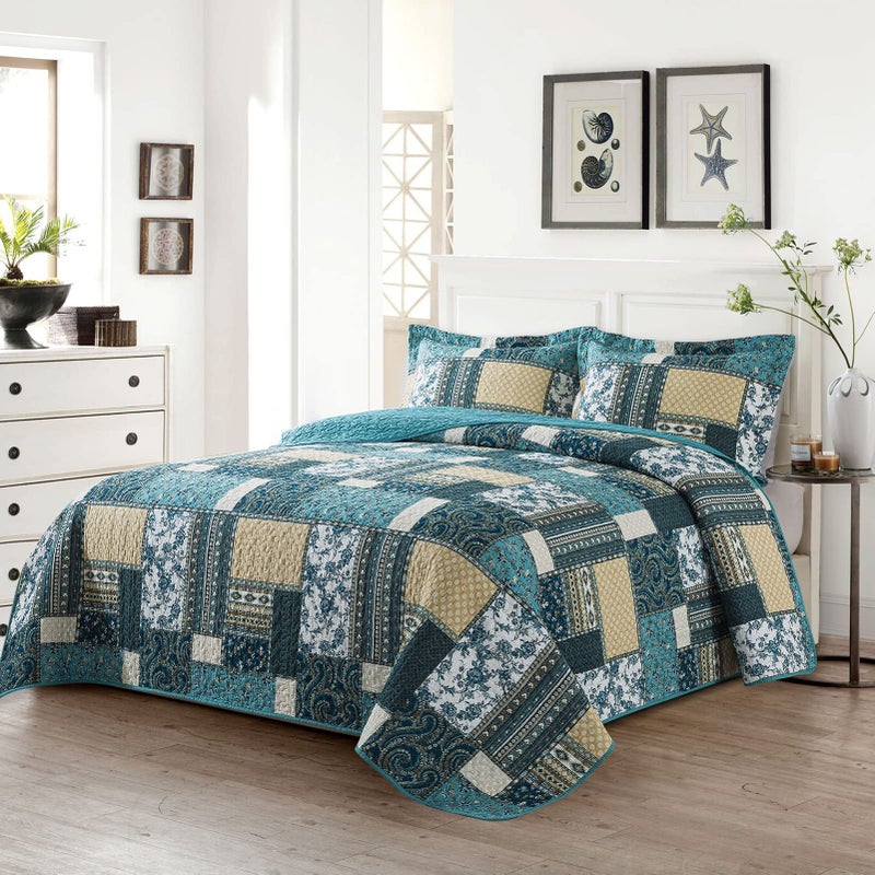 VAPUTAR Quilts King Size - Soft King Quilt Bedding Set with Floral Pattren - 3 Pieces Patchwork Cotton King Bedspreads Set for Farmhouse Bedroom (Dream Blue) - Image 2