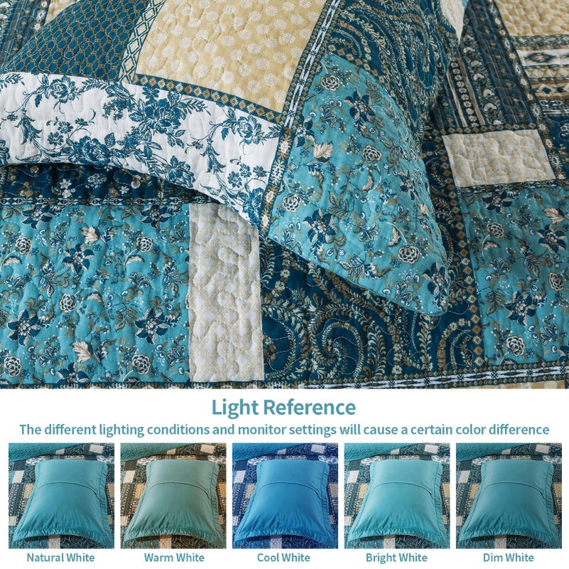 VAPUTAR Quilts King Size - Soft King Quilt Bedding Set with Floral Pattren - 3 Pieces Patchwork Cotton King Bedspreads Set for Farmhouse Bedroom (Dream Blue) - Image 5