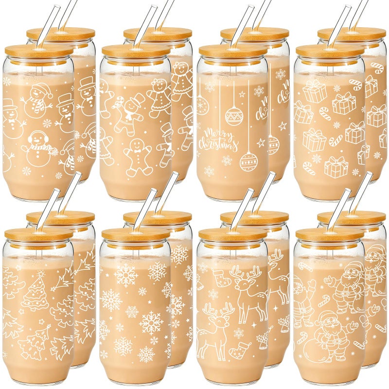 Maxcheck 16 Pcs Christmas Glass Cups 16 oz Iced Coffee Cup with Bamboo Lids and Straw Christmas Drinking Glasses Xmas Mugs Mason Jars Straw Lid for Soda Cocktail Whiskey Holiday GiftClassic