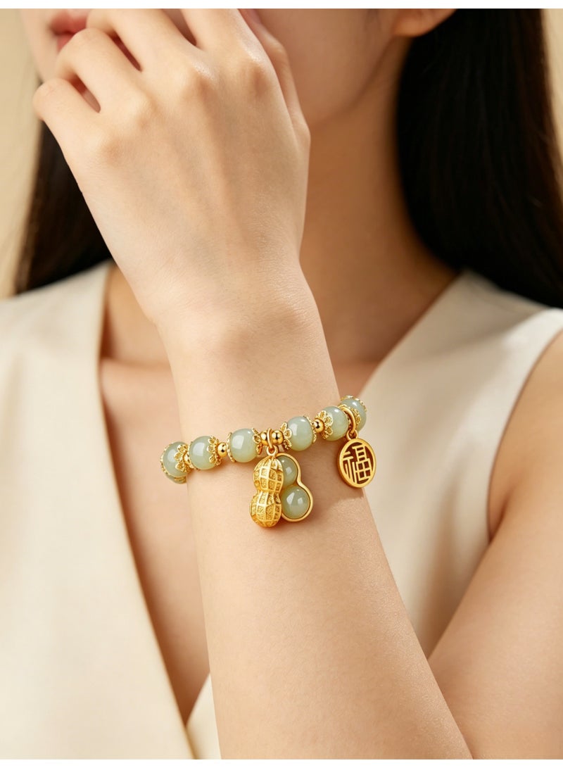 loven Jade Bracelet for Women Gold Leaf Peanut Apricot Leaves Bracelet Dainty Beaded Jade Bracelet Adjustable Lucky Green Jade Jewelry Yoga Beads Stretch Bracelet for Women Ladies Jewelry Gift （Green） - Image 2