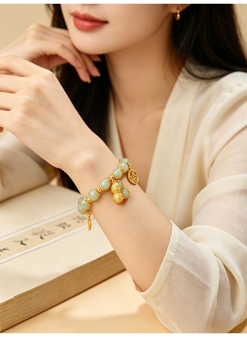 loven Jade Bracelet for Women Gold Leaf Peanut Apricot Leaves Bracelet Dainty Beaded Jade Bracelet Adjustable Lucky Green Jade Jewelry Yoga Beads Stretch Bracelet for Women Ladies Jewelry Gift （Green） - Image 4