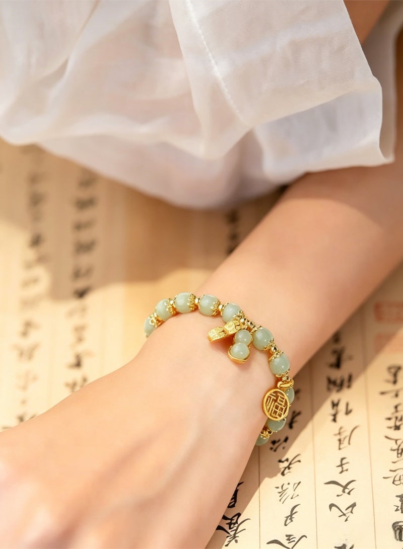loven Jade Bracelet for Women Gold Leaf Peanut Apricot Leaves Bracelet Dainty Beaded Jade Bracelet Adjustable Lucky Green Jade Jewelry Yoga Beads Stretch Bracelet for Women Ladies Jewelry Gift （Green） - Image 3