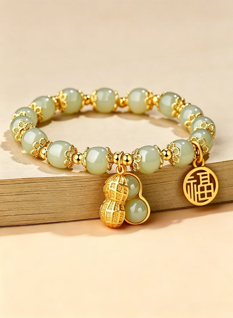 loven Jade Bracelet for Women Gold Leaf Peanut Apricot Leaves Bracelet Dainty Beaded Jade Bracelet Adjustable Lucky Green Jade Jewelry Yoga Beads Stretch Bracelet for Women Ladies Jewelry Gift （Green） - Image 5