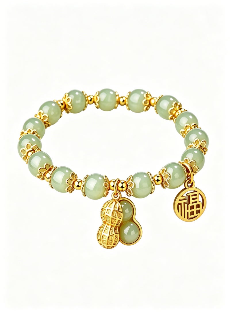 loven Jade Bracelet for Women Gold Leaf Peanut Apricot Leaves Bracelet Dainty Beaded Jade Bracelet Adjustable Lucky Green Jade Jewelry Yoga Beads Stretch Bracelet for Women Ladies Jewelry Gift （Green） - Image 1