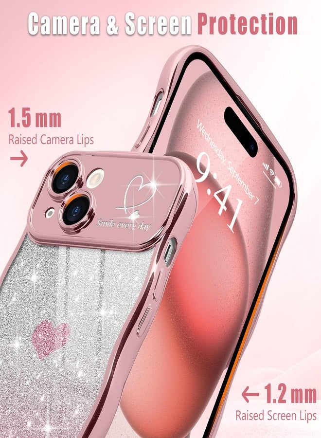 Teageo جراب Teageo لهاتف iPhone 15 للنساء والفتيات، بتصميم أنيق ومموج، مزين بقلب لامع، لحماية الكاميرا، غطاء فاخر مقاوم للصدمات، شفاف، بلون وردي. - Image 3