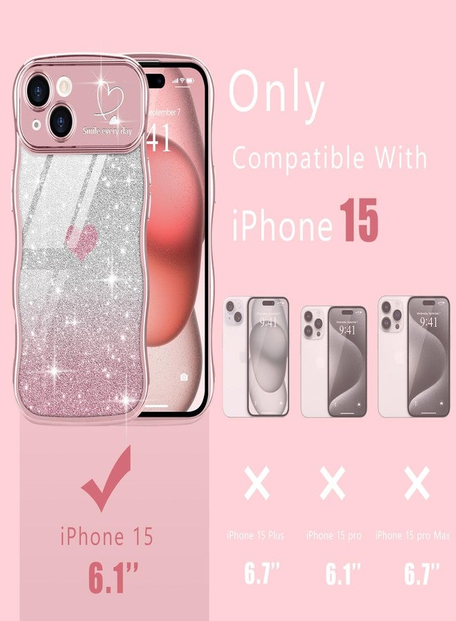 Teageo جراب Teageo لهاتف iPhone 15 للنساء والفتيات، بتصميم أنيق ومموج، مزين بقلب لامع، لحماية الكاميرا، غطاء فاخر مقاوم للصدمات، شفاف، بلون وردي. - Image 2