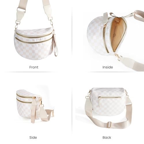 kuifang Checkered Nylon Crossbody Bags Bum Bag for Women Large Sling Bag Purse with Adjustable Strap（Beige Checkered） - Image 4