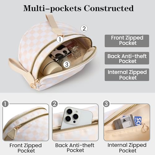 kuifang Checkered Nylon Crossbody Bags Bum Bag for Women Large Sling Bag Purse with Adjustable Strap（Beige Checkered） - Image 3