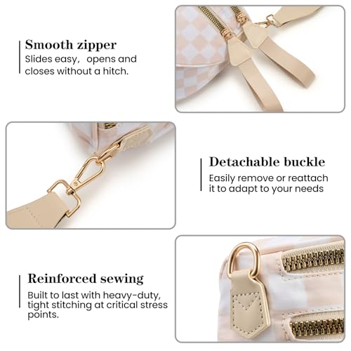 kuifang Checkered Nylon Crossbody Bags Bum Bag for Women Large Sling Bag Purse with Adjustable Strap（Beige Checkered） - Image 5