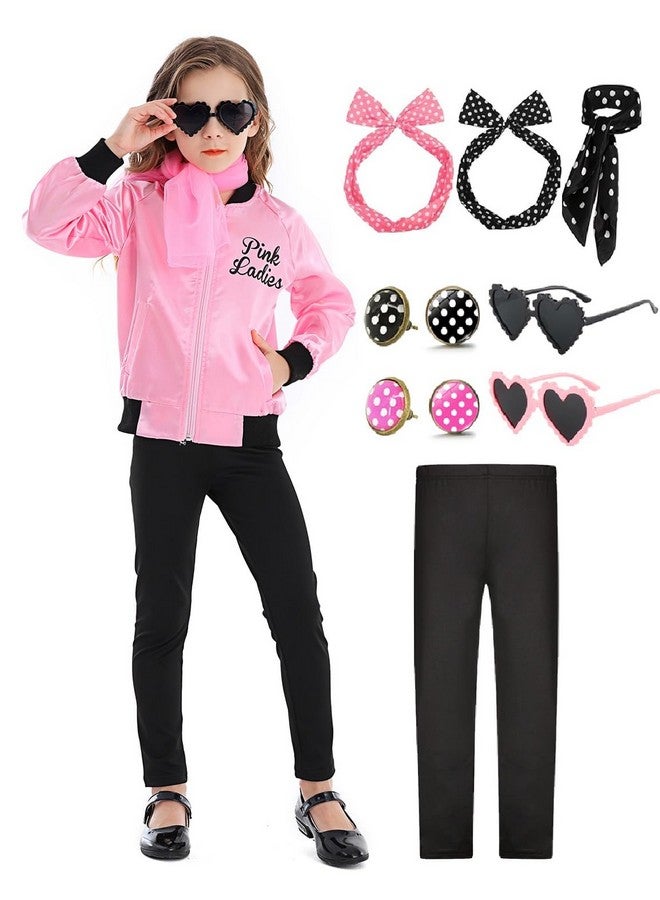 Mosong 1950S Pink Ladies Girls Grease Costume Kids Satin Jacket Halloween Costumes With 10Pcs Accessories Polka Dot Scarfs Headband Earring Glasses Ms060S - Image 1