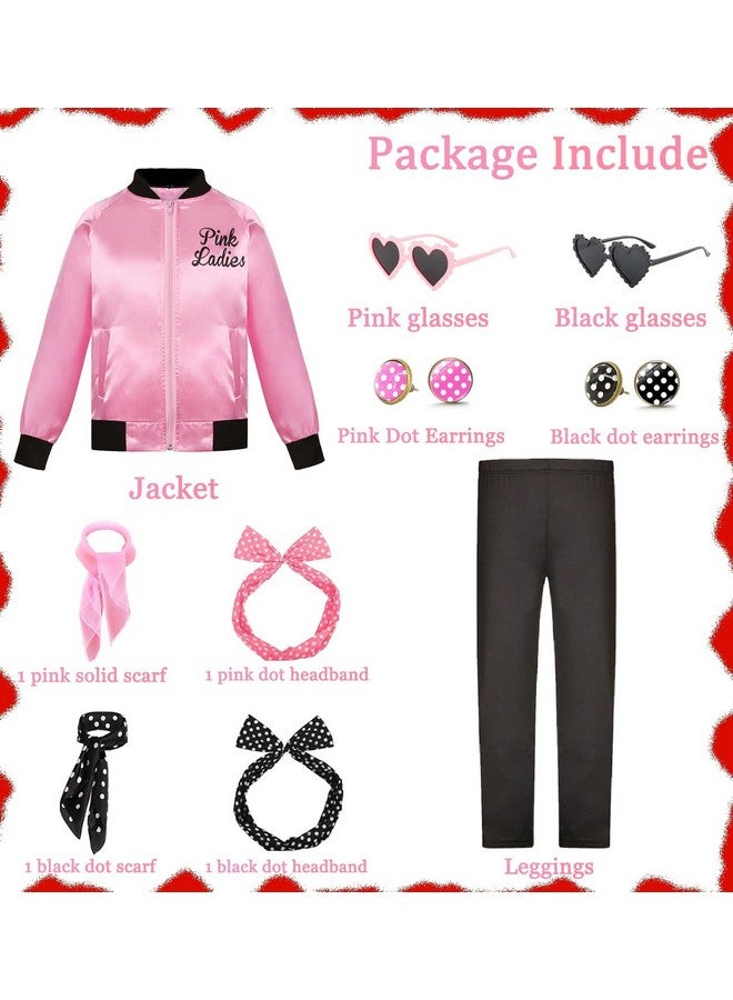 Mosong 1950S Pink Ladies Girls Grease Costume Kids Satin Jacket Halloween Costumes With 10Pcs Accessories Polka Dot Scarfs Headband Earring Glasses Ms060S - Image 2