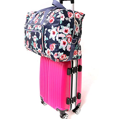WFLB Large Foldable Travel Duffel Bag, Sports Tote Gym Bag For Women with Trolley Sleeve Weekender Overnight Carry On Checked Luggage Bag Hospital Bag Tote Shoulder Handbag Bag (flower rose) - Image 3