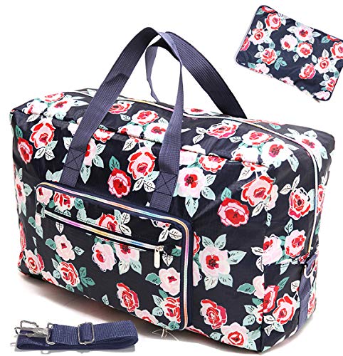 WFLB Large Foldable Travel Duffel Bag, Sports Tote Gym Bag For Women with Trolley Sleeve Weekender Overnight Carry On Checked Luggage Bag Hospital Bag Tote Shoulder Handbag Bag (flower rose) - Image 1