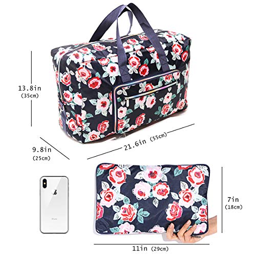 WFLB Large Foldable Travel Duffel Bag, Sports Tote Gym Bag For Women with Trolley Sleeve Weekender Overnight Carry On Checked Luggage Bag Hospital Bag Tote Shoulder Handbag Bag (flower rose) - Image 4