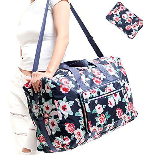 WFLB Large Foldable Travel Duffel Bag, Sports Tote Gym Bag For Women with Trolley Sleeve Weekender Overnight Carry On Checked Luggage Bag Hospital Bag Tote Shoulder Handbag Bag (flower rose) - Image 2