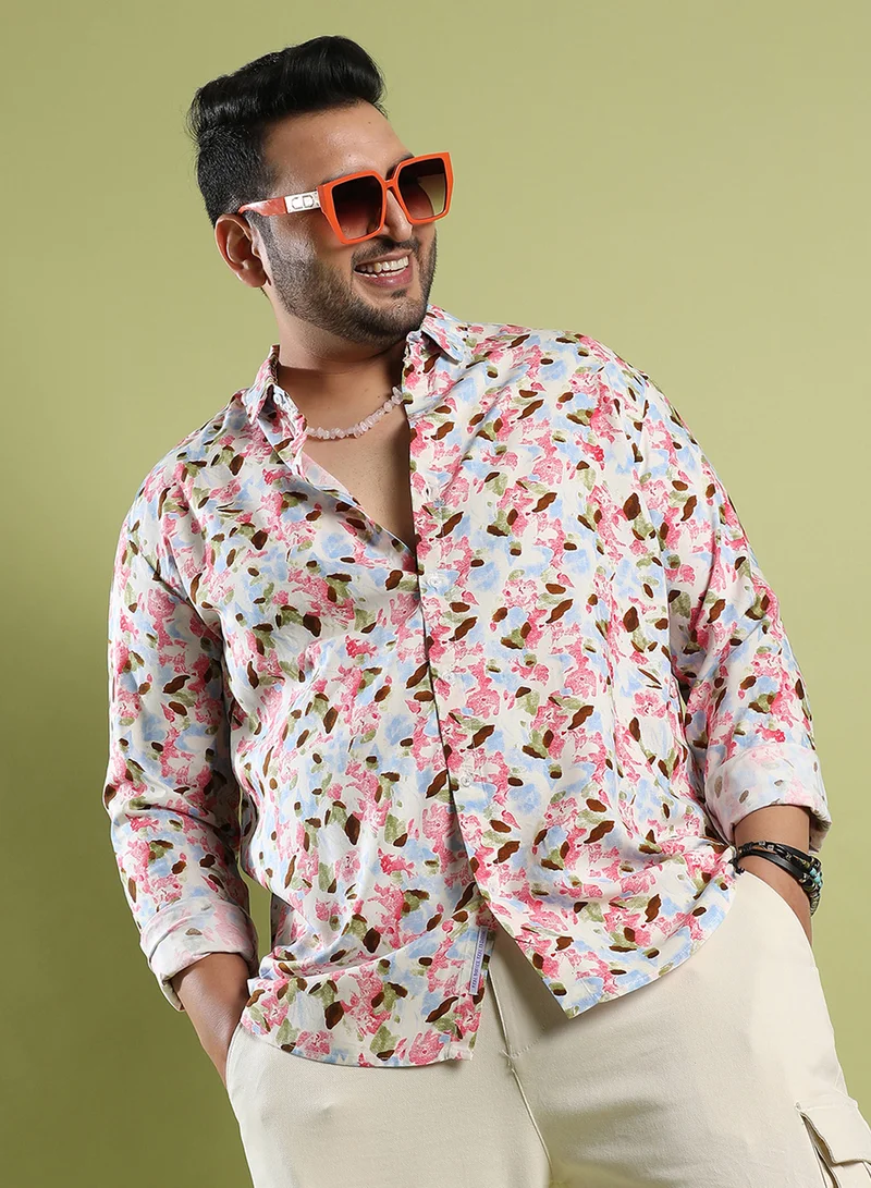 Instafab Plus Instafab Plus Men's Blue & Pink Leaf Strokes Shirt For Casual Wear | Spread Collar | Long Sleeve | Button Closure | Cotton Double Cloth Shirt Crafted With Comfort Fit For Everyday Wear