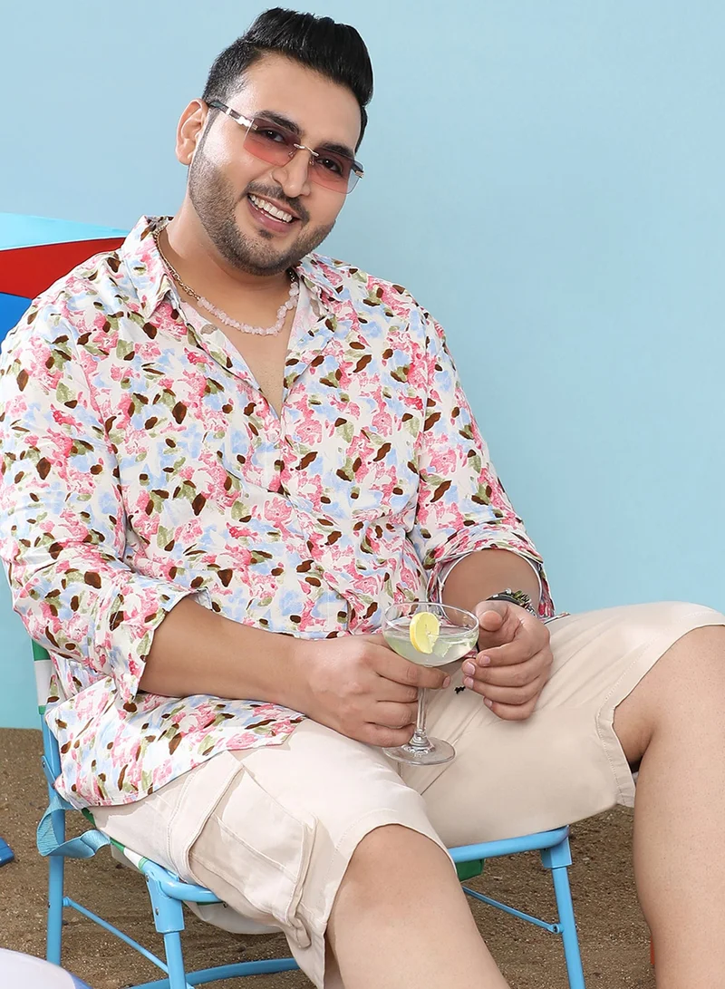 انستافاب بلس قميص رجالي قطني مزدوج بنقوش أوراق زرقاء ووردية بياقة عادية وأكمام طويلة وفتحة أزرار