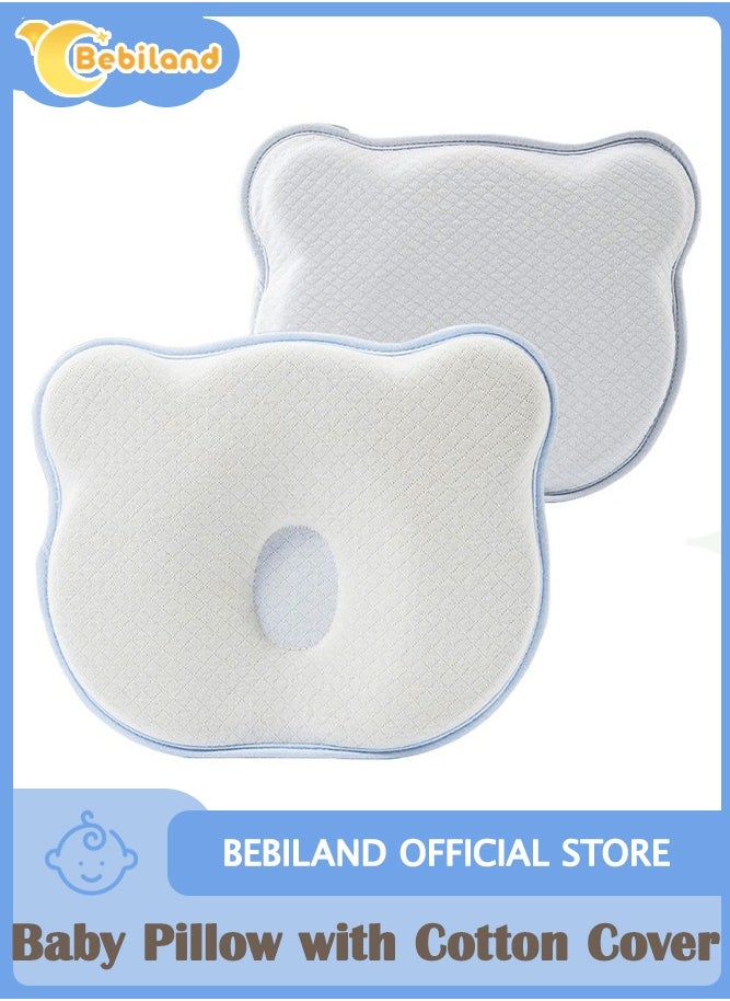 Bebiland Baby Pillow with 100% Cotton Cover, Washable Soft Memory Foam Cushion for Head Shaping and Neck Support, Blue  - Image 1
