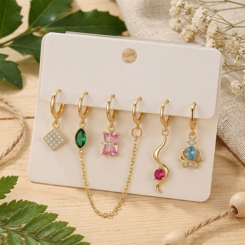 Women's 6-Piece Gold-Plated Hoop Earrings Set with Multicolour Stones - Image 3