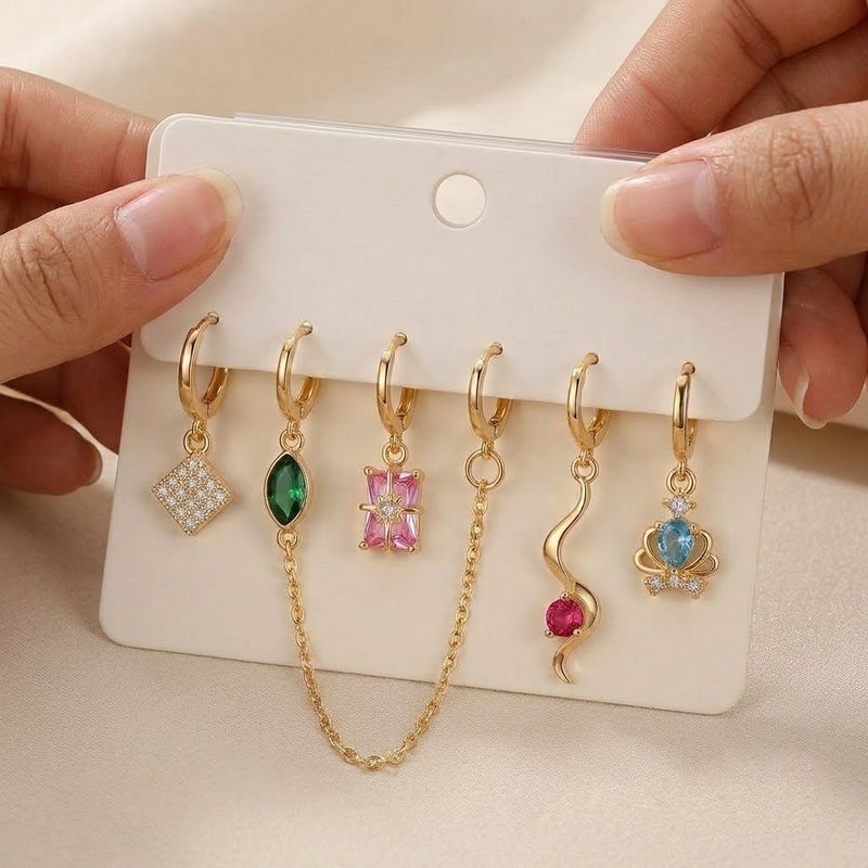 Women's 6-Piece Gold-Plated Hoop Earrings Set with Multicolour Stones - Image 4