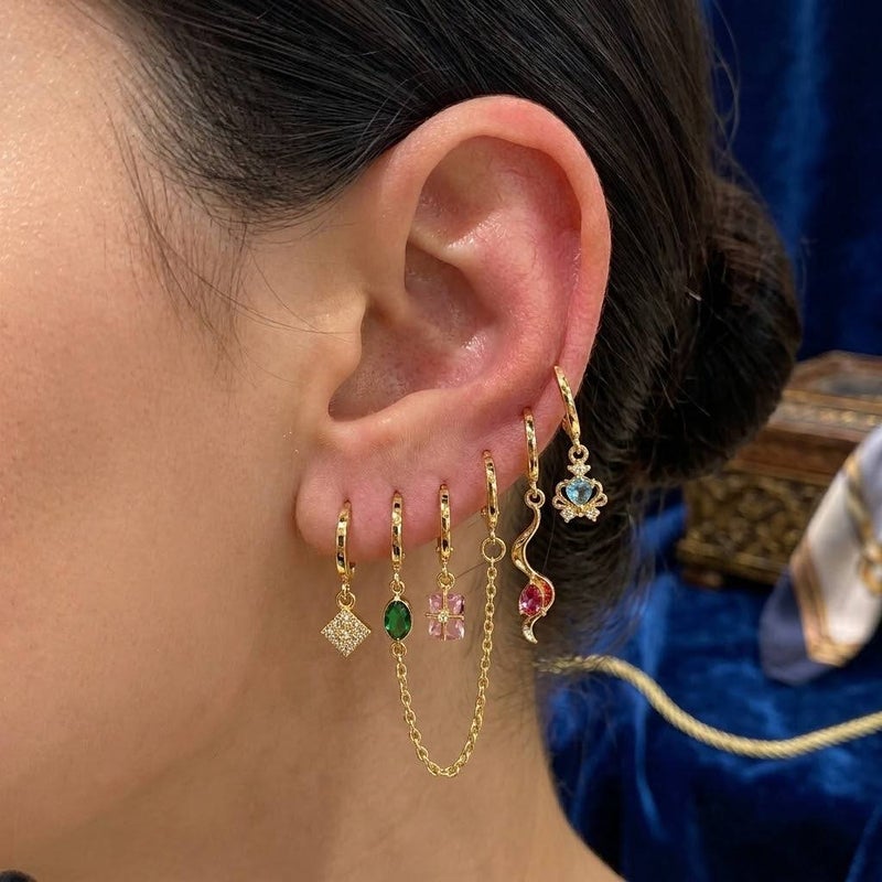 Women's 6-Piece Gold-Plated Hoop Earrings Set with Multicolour Stones - Image 5