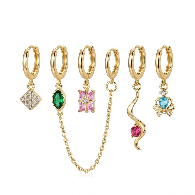Women's 6-Piece Gold-Plated Hoop Earrings Set with Multicolour Stones - Image 1