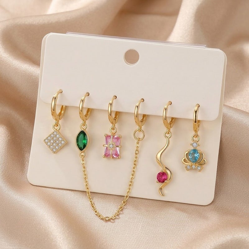 Women's 6-Piece Gold-Plated Hoop Earrings Set with Multicolour Stones - Image 2