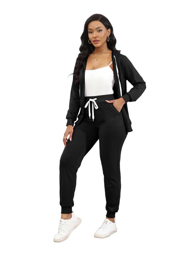 CLOCOR Track Suits for Women Set - Casual 2 Piece Outfits Sweatsuit Pocket Hoodies Long Sleeve with Patchwork Pants Set, 1-black-white, L - Image 3