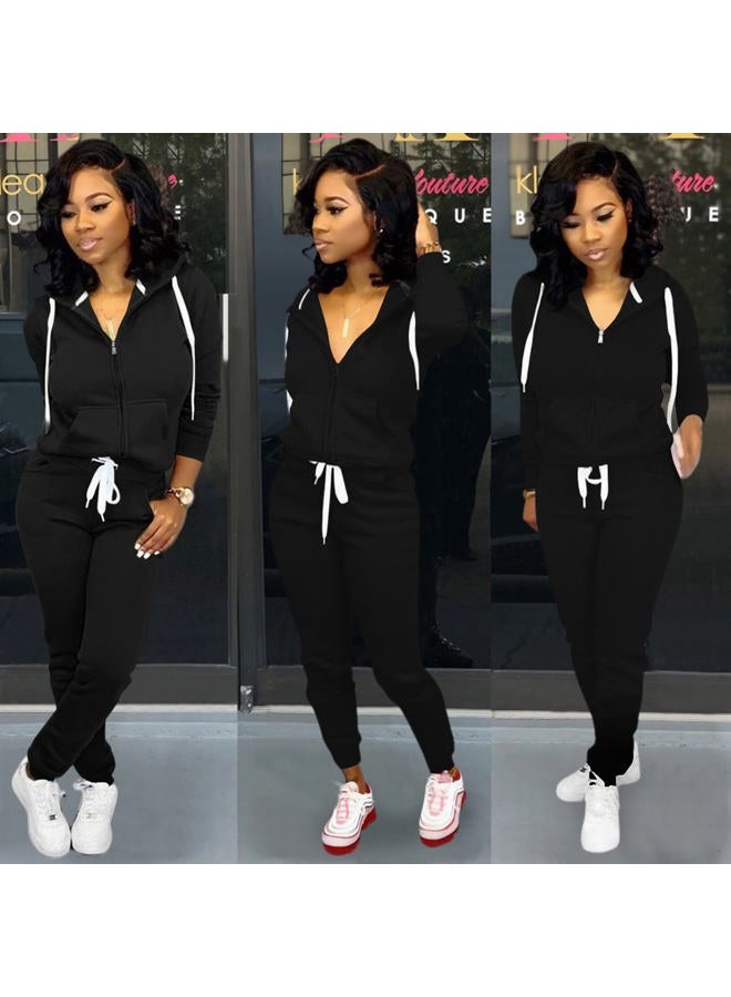 CLOCOR Track Suits for Women Set - Casual 2 Piece Outfits Sweatsuit Pocket Hoodies Long Sleeve with Patchwork Pants Set, 1-black-white, L - Image 5