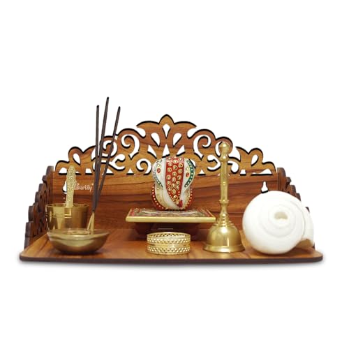 Heartily® : Rudra Wall Mounted Wooden Home Pooja Temple Mandir Puja Room Items Stand Home Decor Office Chowki Shelf Hanging Product (Height- 6.25, Length- 12, Width-9.0 Inch) (Brown), Religious - Image 1