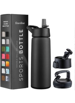 FineDine Triple Insulated Stainless Steel Water Bottle with Straw Lid - Flip Top Lid - Wide Mouth Cap (740 ml) Insulated Water Bottles, Keeps Hot and Cold (Inky Raven Black)
